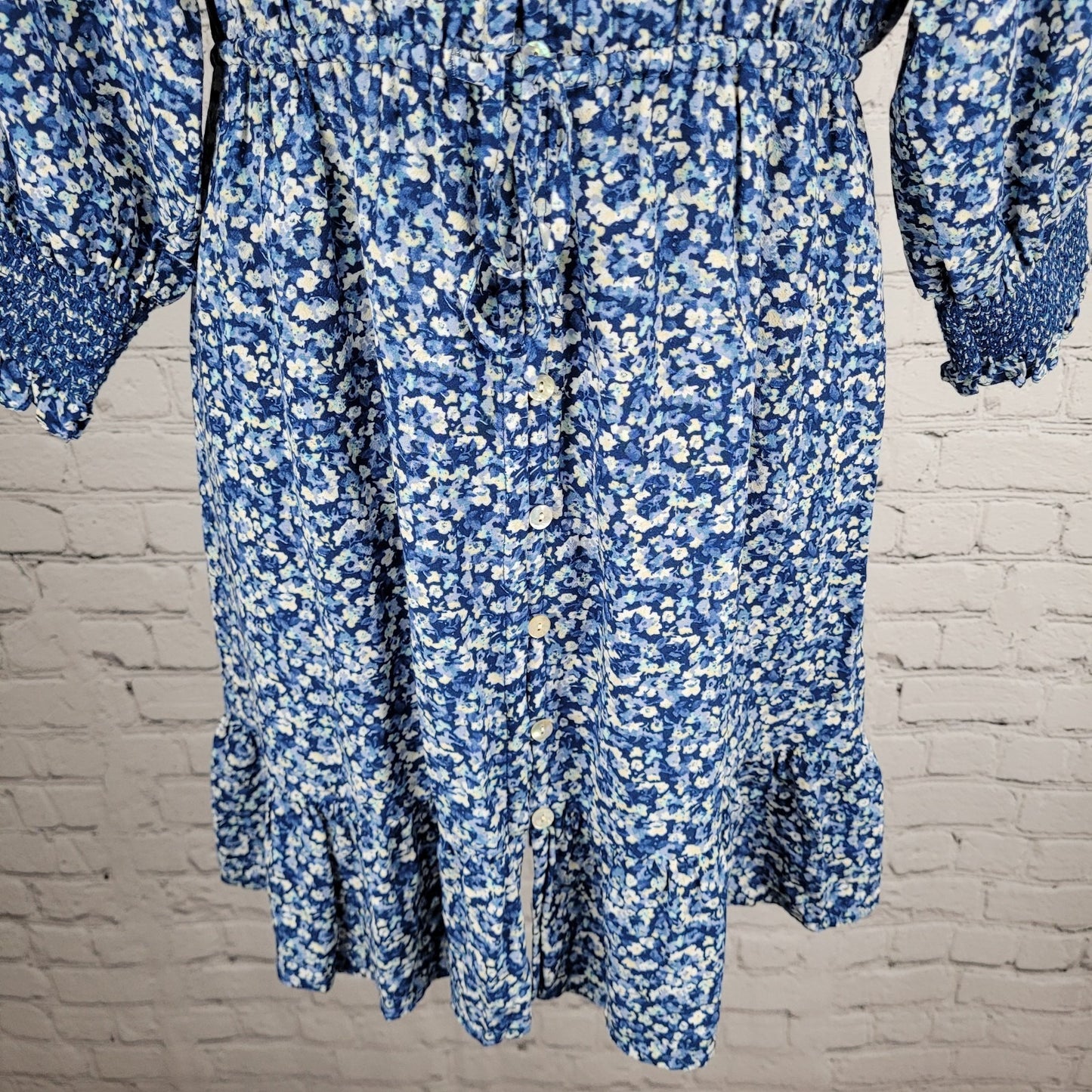 Rails Blue Floral Eliza Chrysanthemum 3/4 Sleeve Tie Waist Unlined Dress Small S