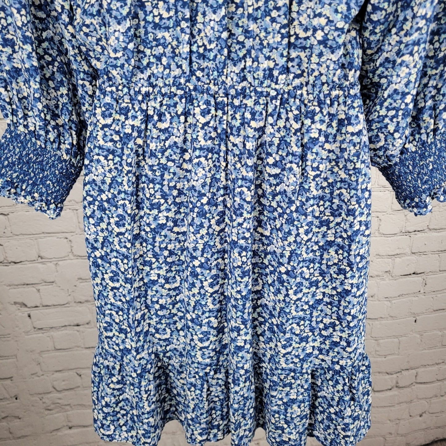 Rails Blue Floral Eliza Chrysanthemum 3/4 Sleeve Tie Waist Unlined Dress Small S