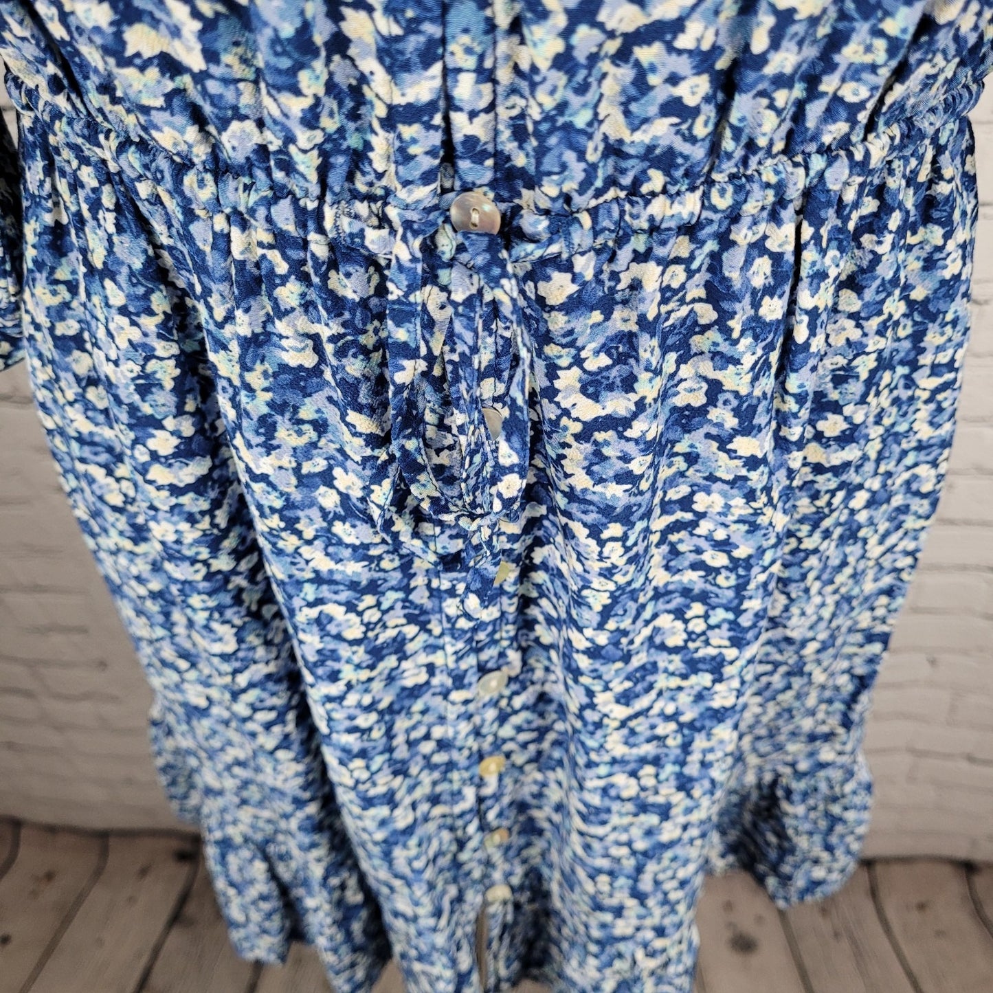 Rails Blue Floral Eliza Chrysanthemum 3/4 Sleeve Tie Waist Unlined Dress Small S