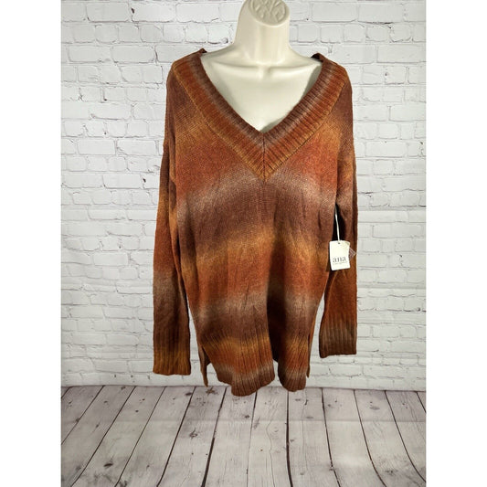 NWT Ana A New Approach V Neck Knit Sweater Rust Combo Long Sleeve Women’s L