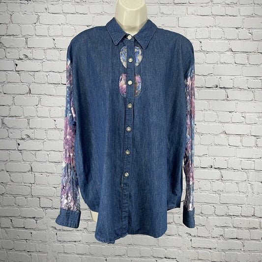 VTG Panhandle Slim Denim Lace Cut Out Button Up USA Long Sleeve Shirt Size XL