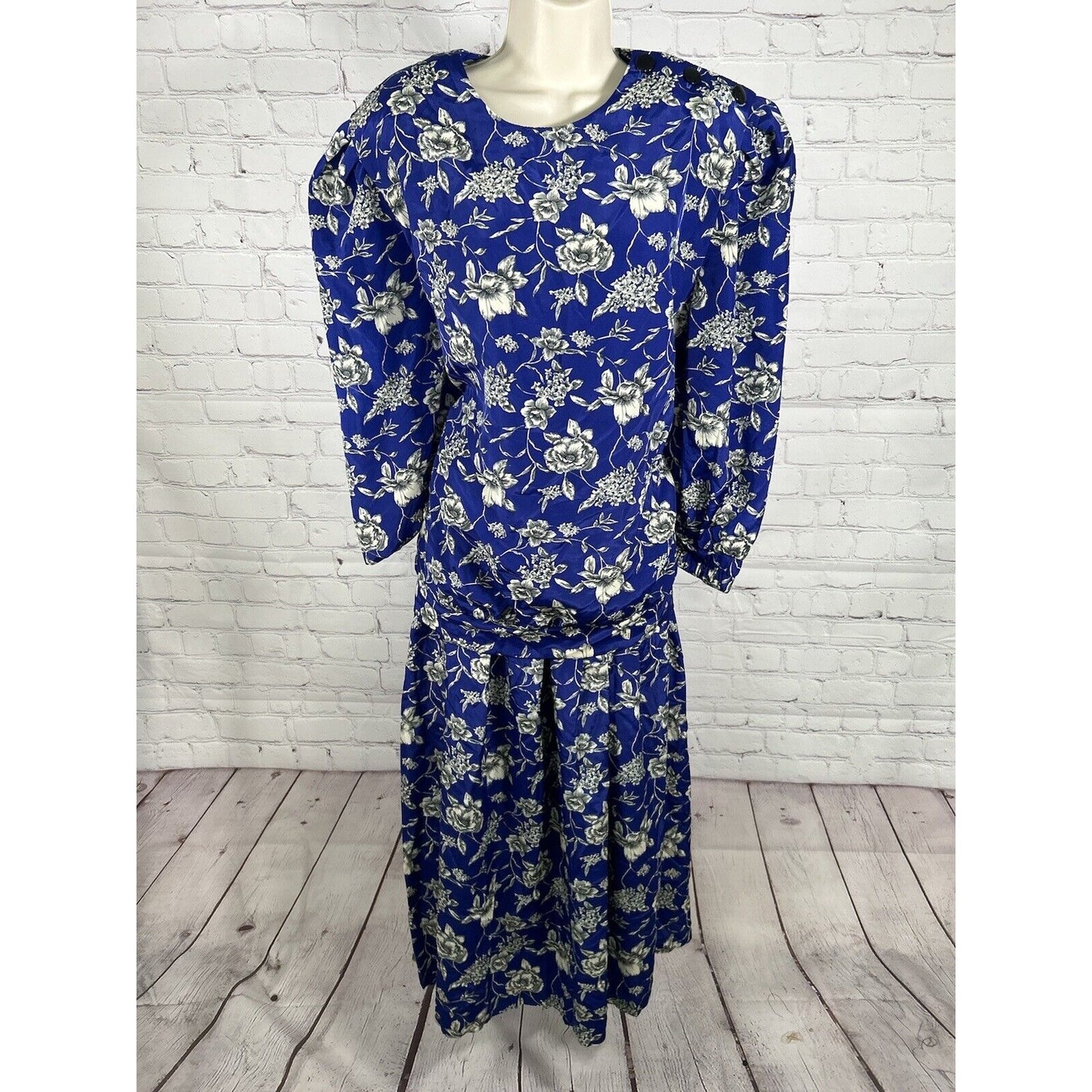 VTG Thomas O! Two Piece Set Elastic Waist Skirt Blouse Blue White Floral 24W