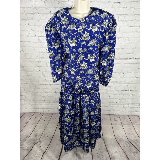 VTG Thomas O! Two Piece Set Elastic Waist Skirt Blouse Blue White Floral 24W