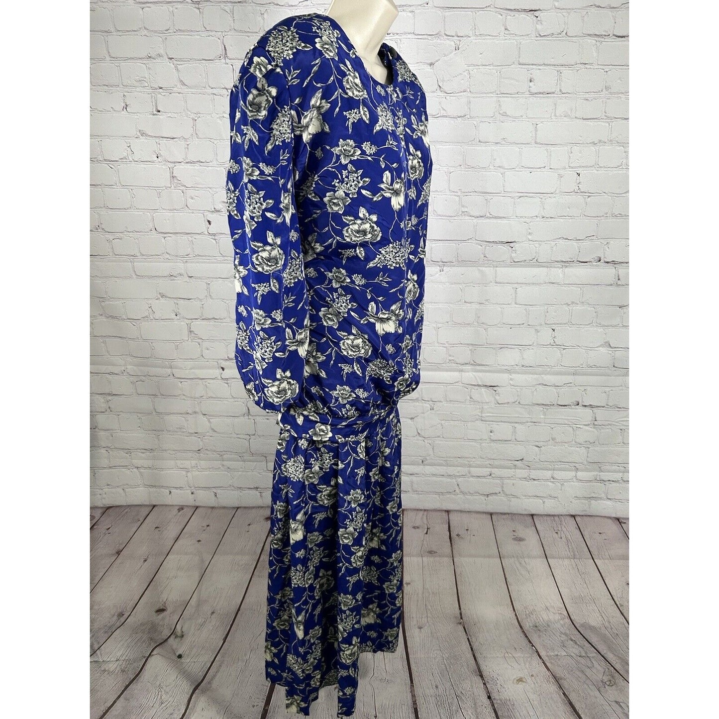 VTG Thomas O! Two Piece Set Elastic Waist Skirt Blouse Blue White Floral 24W