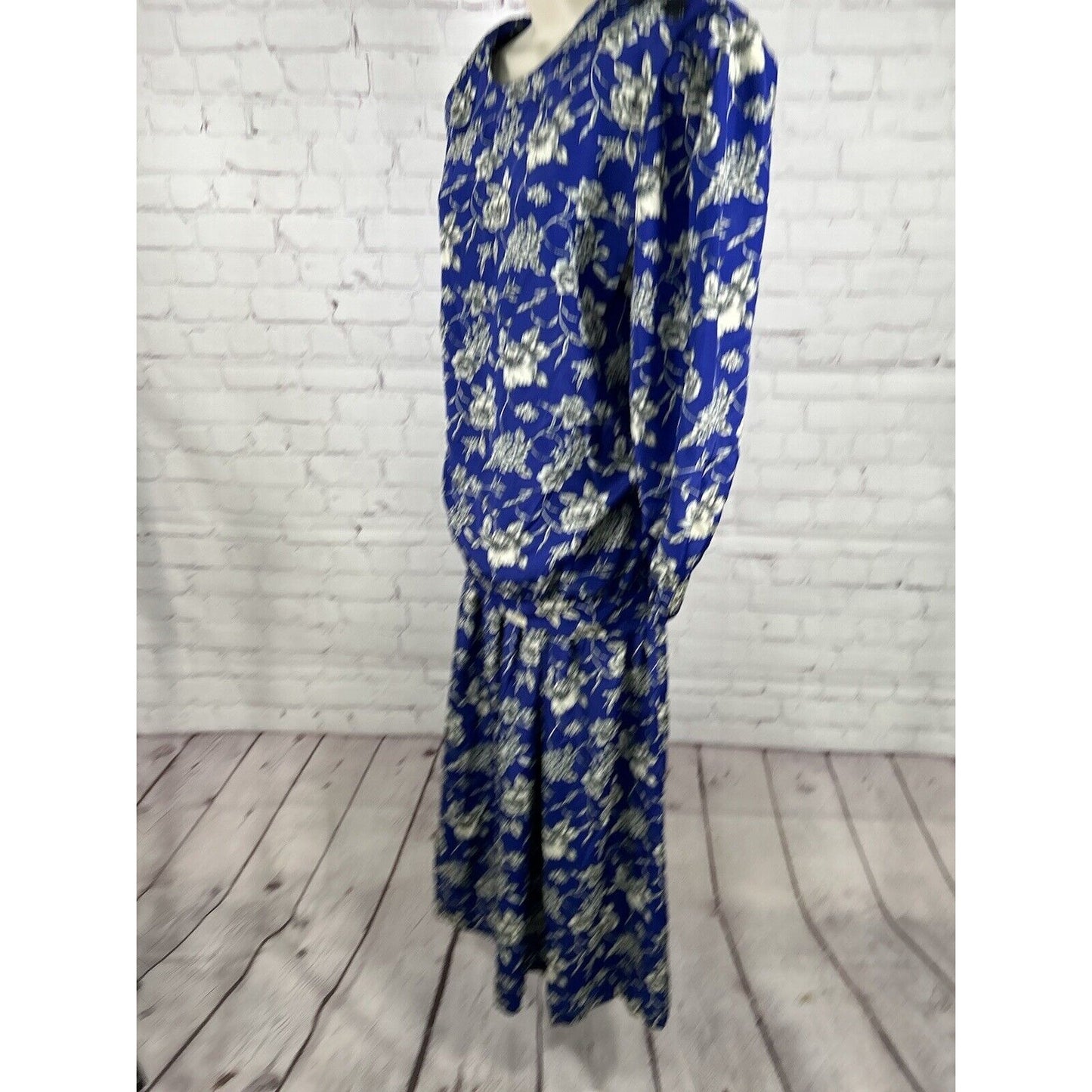 VTG Thomas O! Two Piece Set Elastic Waist Skirt Blouse Blue White Floral 24W