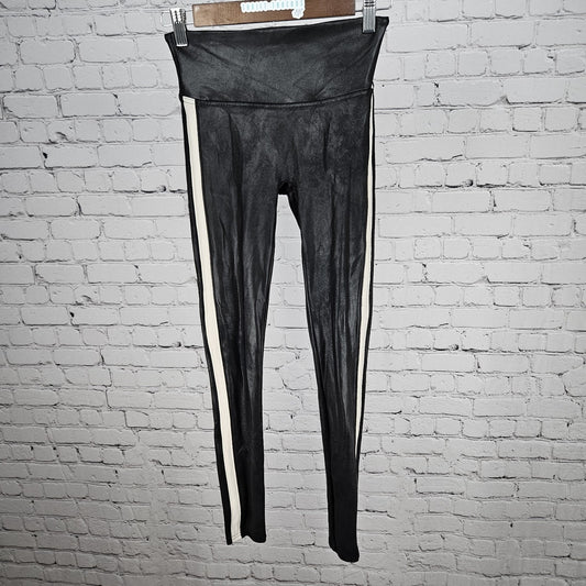 Spanx Black Striped Coated Tummy Control Slimming Leggings Small S (24x28)