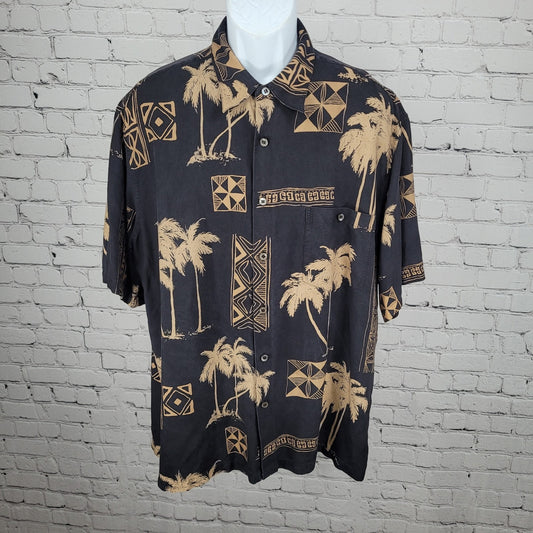 Tori Richard Black 100% Silk Hawaiian Palm Tree Button Up Short Sleeve Shirt XL