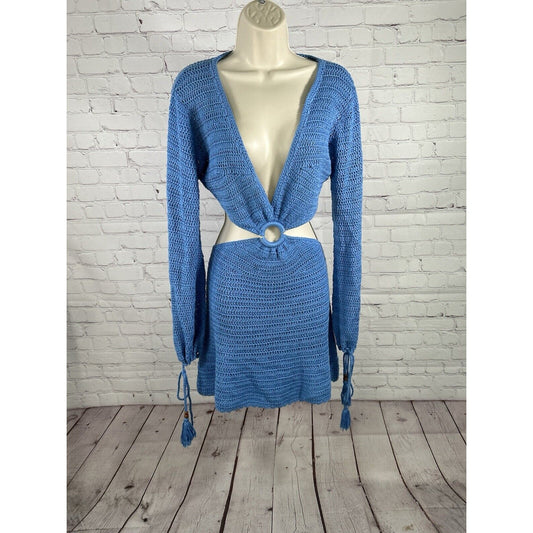 Beginning Boutique Bryleigh Blue Knit Cut Out Tasseled Mini Crochet Dress Size 8