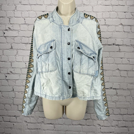 Free People Blue Linen Cotton Embroidered Stud Sleeve Light Jacket XS *stained