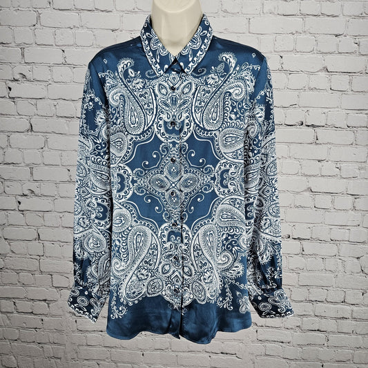 Chico's Blue White Satin Paisley Button Up Long Sleeve Blouse Shirt Top 1 US 8