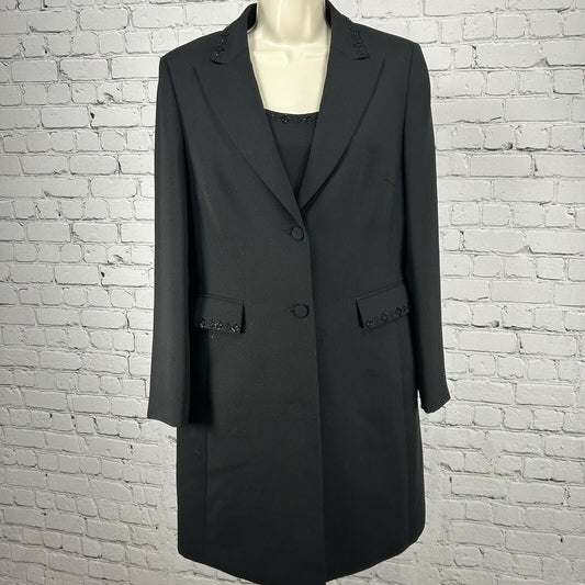 Tahari Black Beaded Neckline 2 Piece Long Blazer With Sleeveless Blouse Size 10
