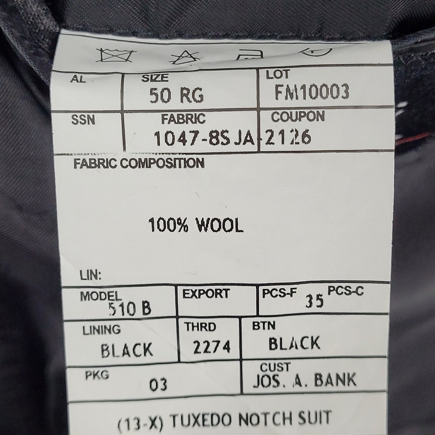 Jos A Bank Black 100% Wool Satin Lapel Notch Tuxedo Suit Jacket Blazer Size 50