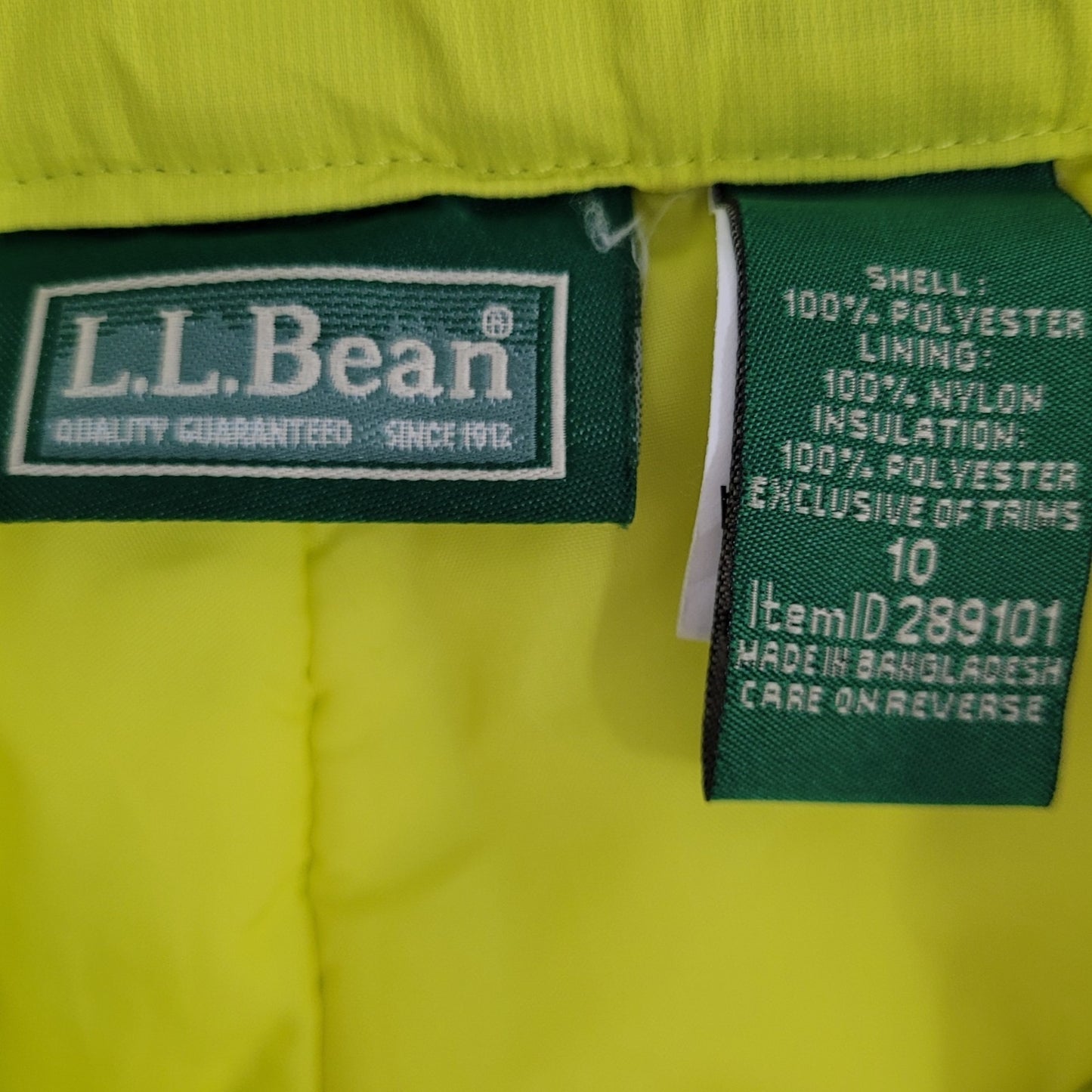 LL Bean Neon Yellow Thinsulate Adjustable Waist Snow Pants Youth Size 10 (26x26)