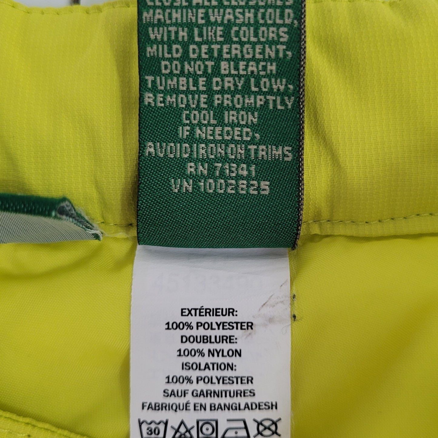 LL Bean Neon Yellow Thinsulate Adjustable Waist Snow Pants Youth Size 10 (26x26)