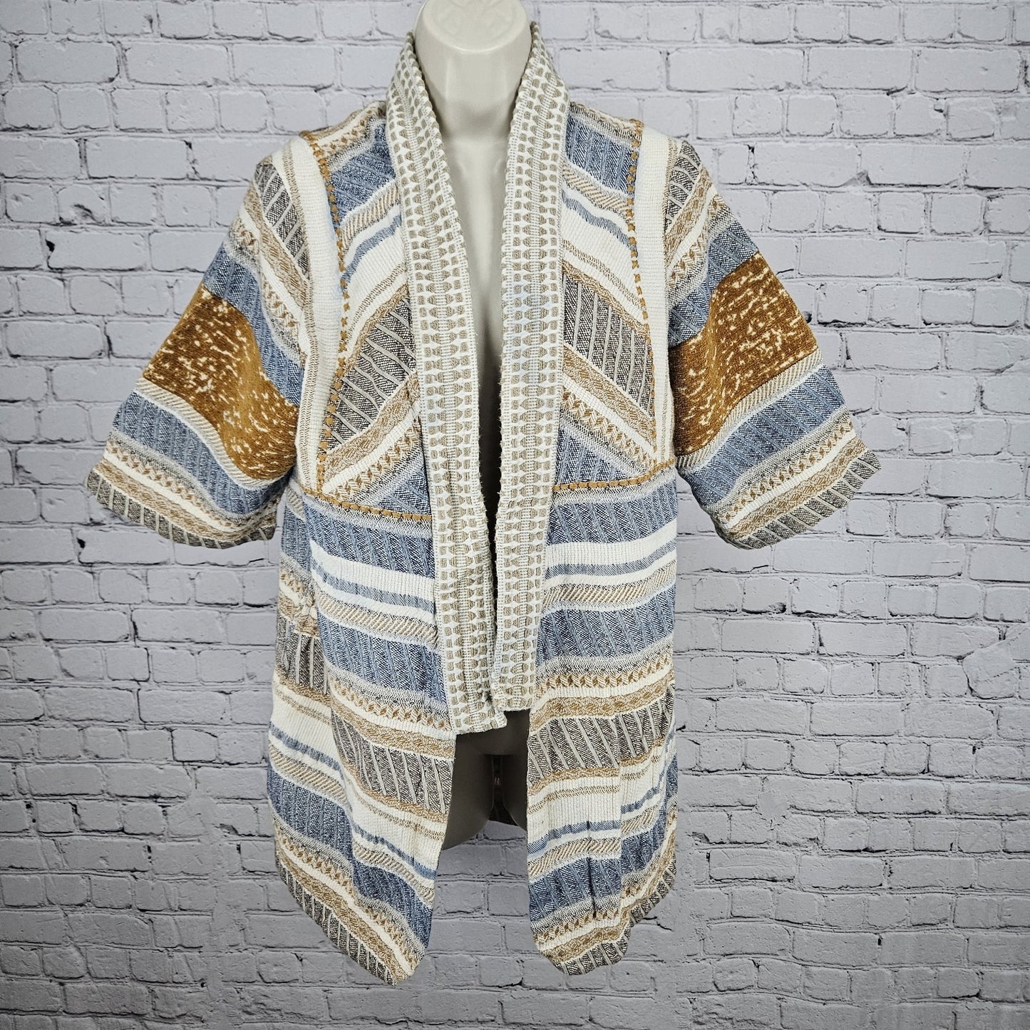 World Market Multicolor 100% Cotton Striped 3/4 Sleeve Open Kimono Cardigan L/XL