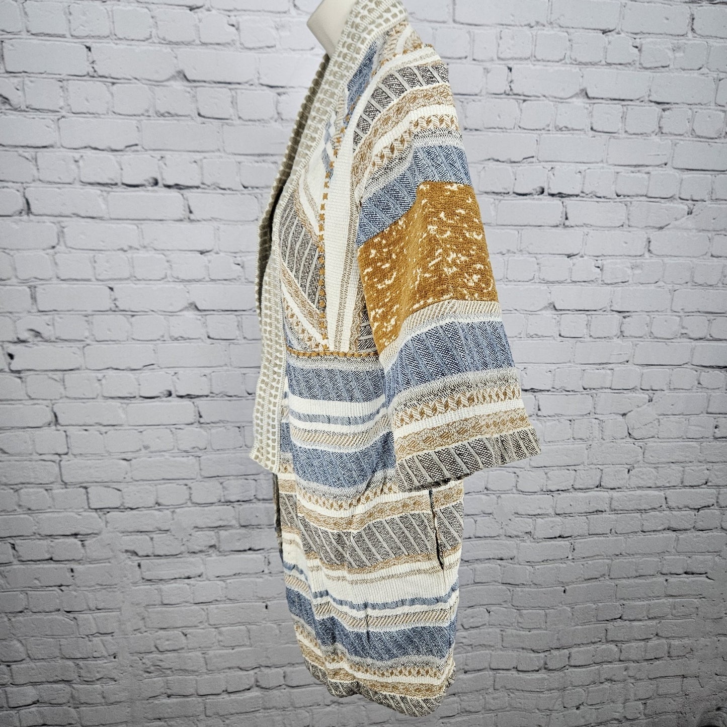 World Market Multicolor 100% Cotton Striped 3/4 Sleeve Open Kimono Cardigan L/XL