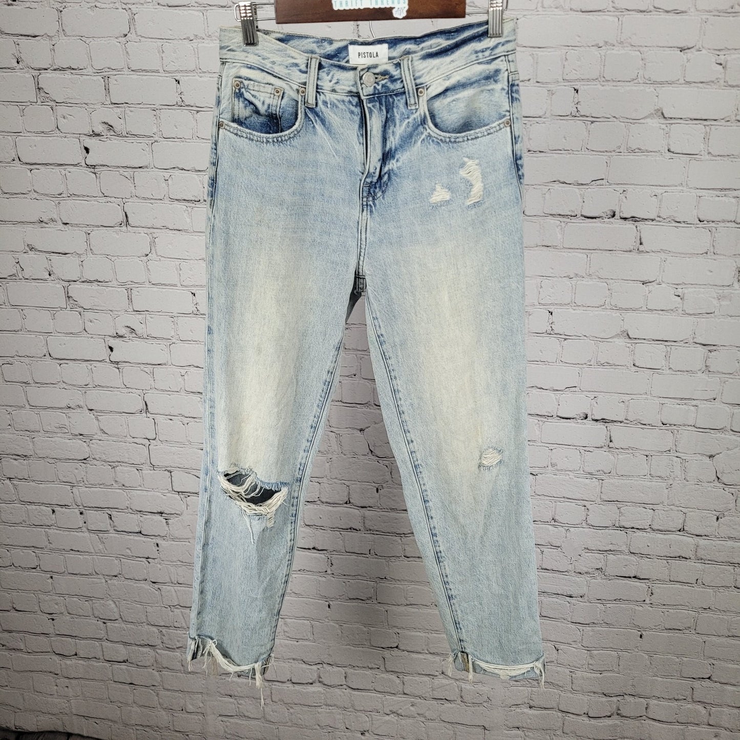 Pistola Light Wash Blue Denim Distressed Cuffed Mid Rise Jeans Size 25 (27x28)