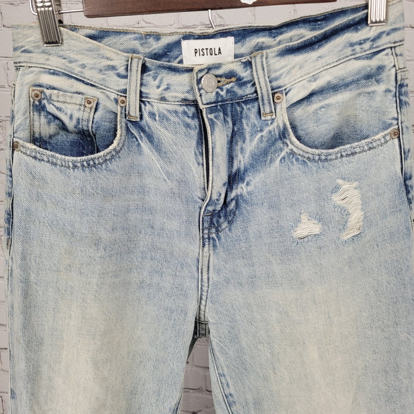 Pistola Light Wash Blue Denim Distressed Cuffed Mid Rise Jeans Size 25 (27x28)