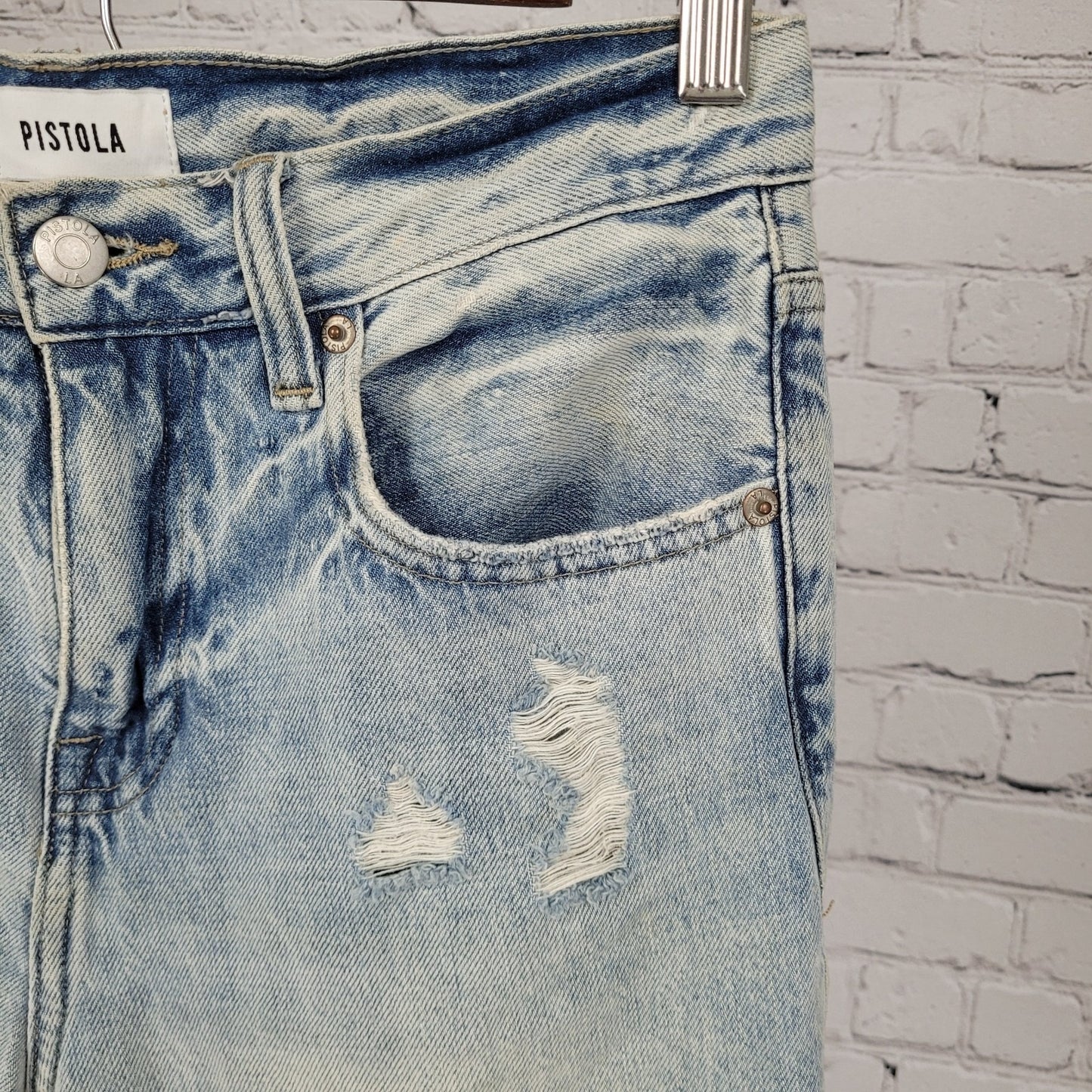 Pistola Light Wash Blue Denim Distressed Cuffed Mid Rise Jeans Size 25 (27x28)