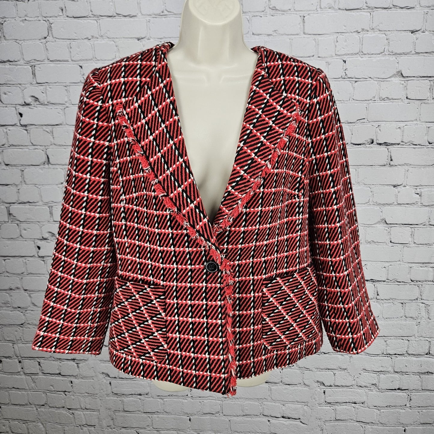 Talbots Red Black White Striped Tweed Fringe Trim 1 Button Lined Jacket 12