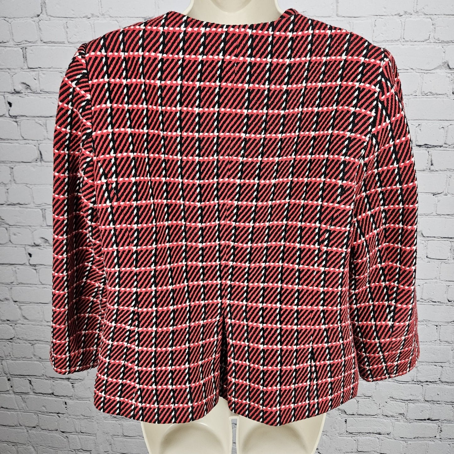 Talbots Red Black White Striped Tweed Fringe Trim 1 Button Lined Jacket 12