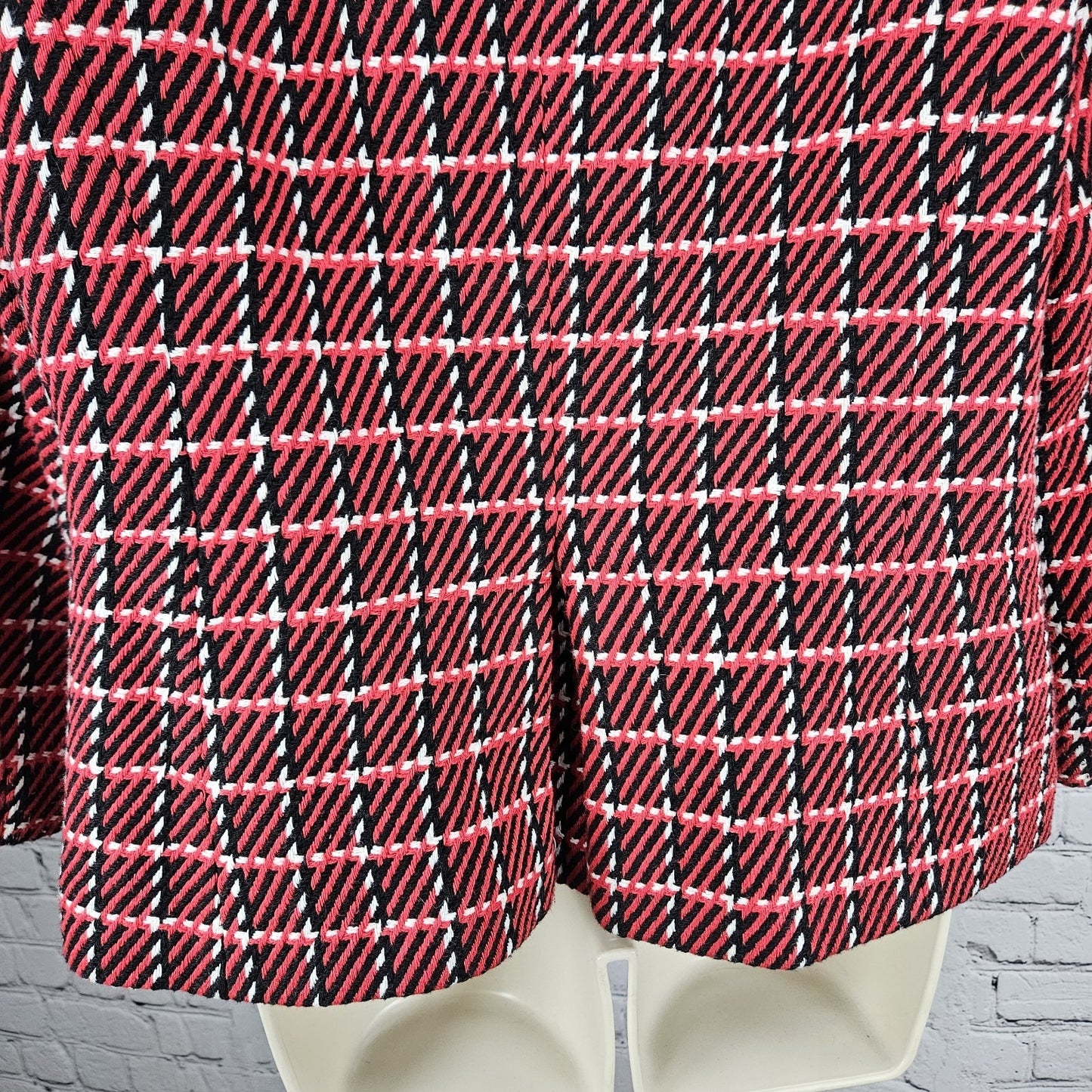 Talbots Red Black White Striped Tweed Fringe Trim 1 Button Lined Jacket 12