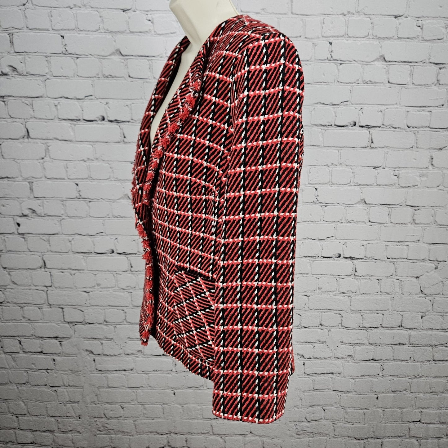 Talbots Red Black White Striped Tweed Fringe Trim 1 Button Lined Jacket 12