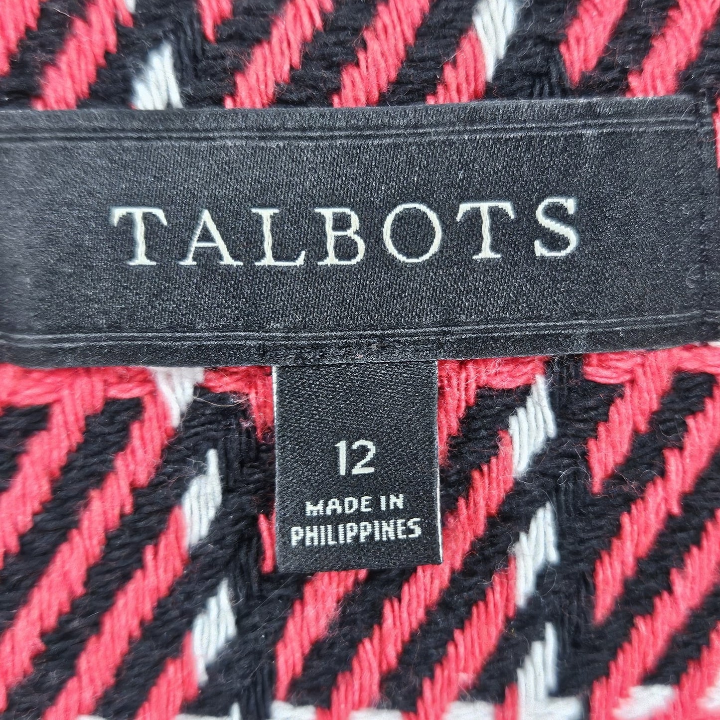 Talbots Red Black White Striped Tweed Fringe Trim 1 Button Lined Jacket 12