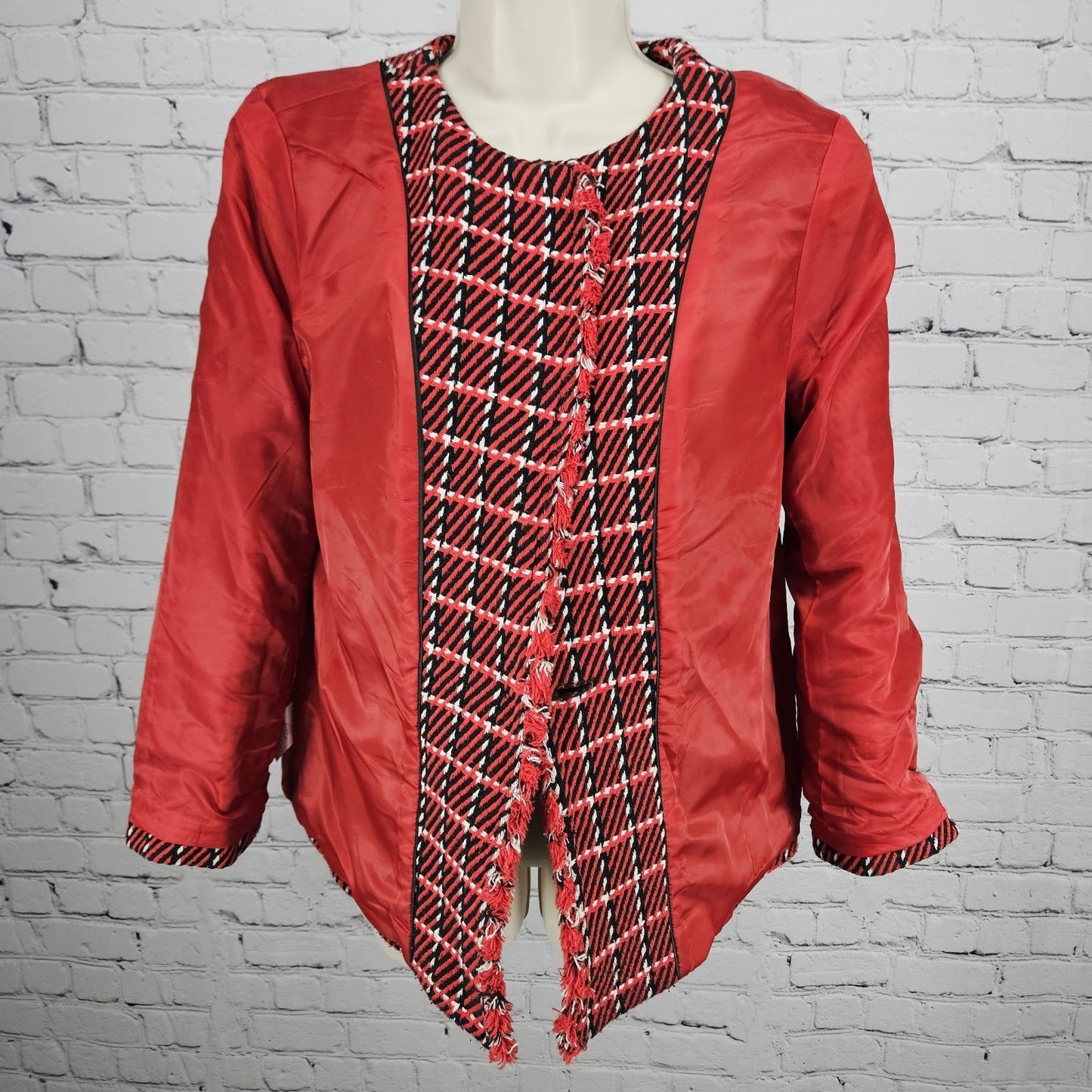 Talbots Red Black White Striped Tweed Fringe Trim 1 Button Lined Jacket 12