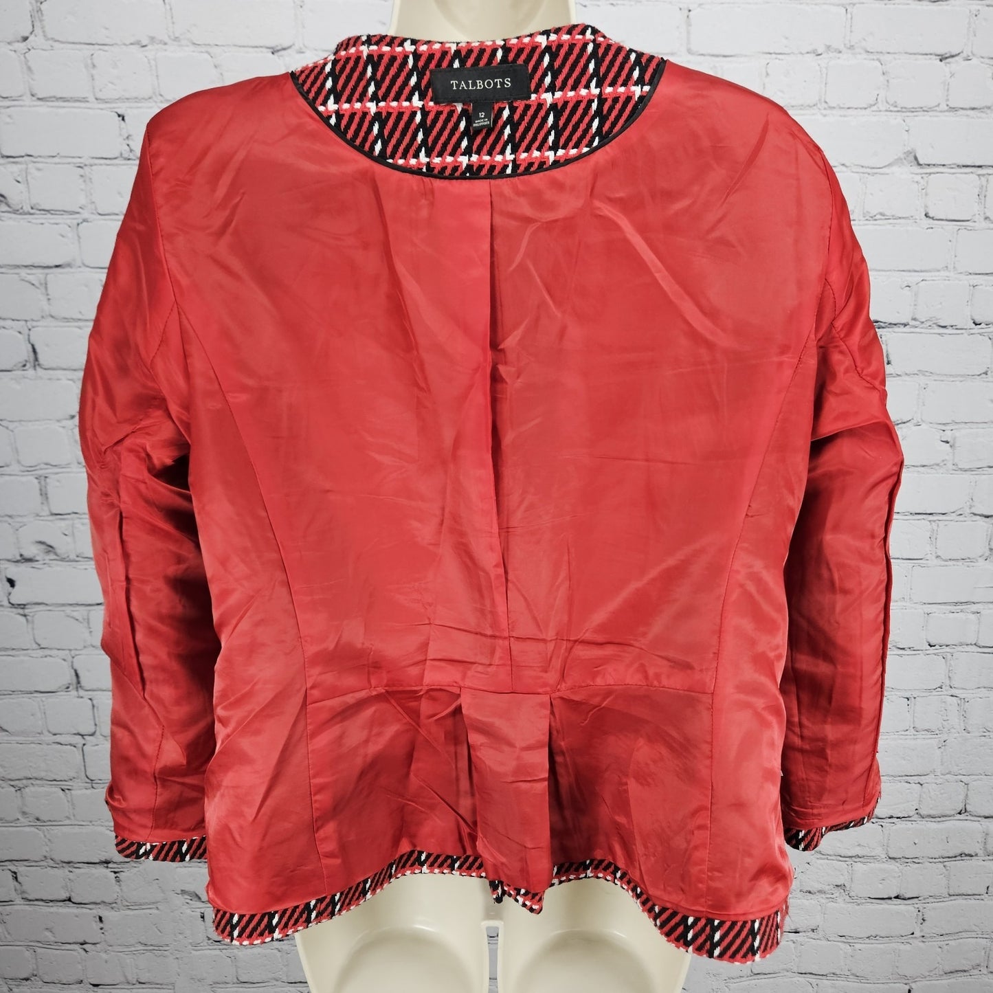 Talbots Red Black White Striped Tweed Fringe Trim 1 Button Lined Jacket 12