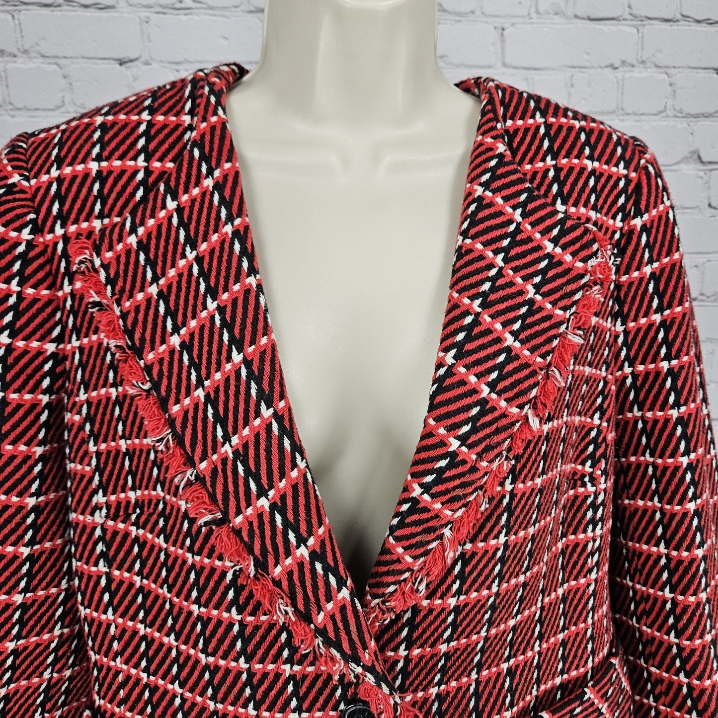Talbots Red Black White Striped Tweed Fringe Trim 1 Button Lined Jacket 12
