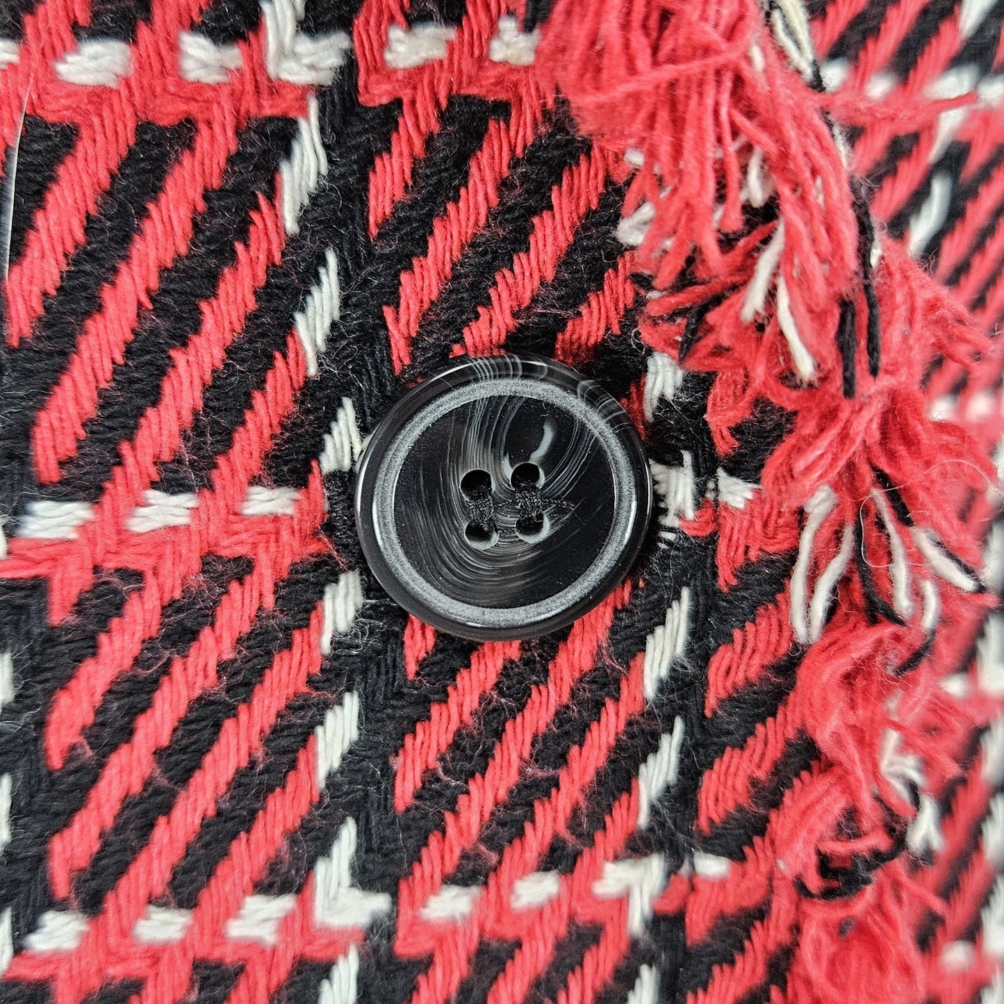 Talbots Red Black White Striped Tweed Fringe Trim 1 Button Lined Jacket 12