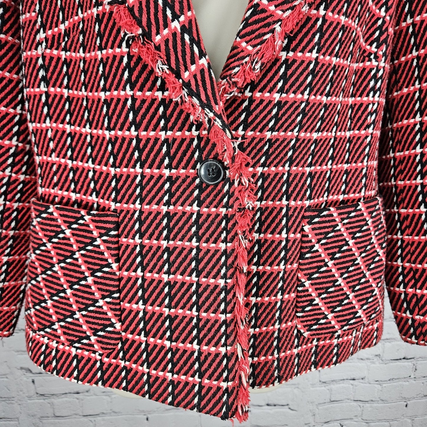 Talbots Red Black White Striped Tweed Fringe Trim 1 Button Lined Jacket 12