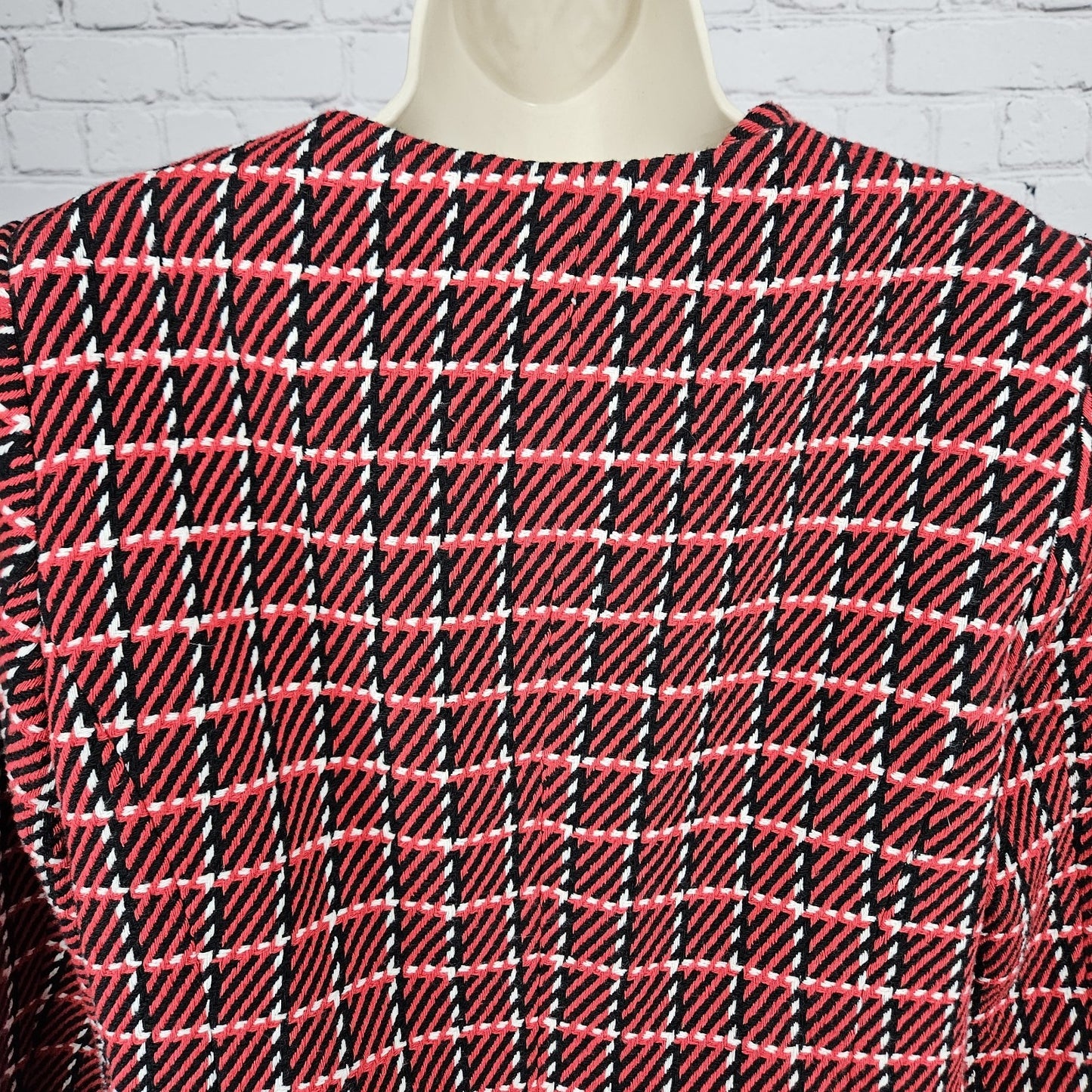 Talbots Red Black White Striped Tweed Fringe Trim 1 Button Lined Jacket 12
