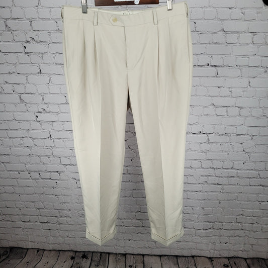 Jos A Bank Beige Traveler Pleated Cuffed Straight Dress Pants Size 36 (36x29)