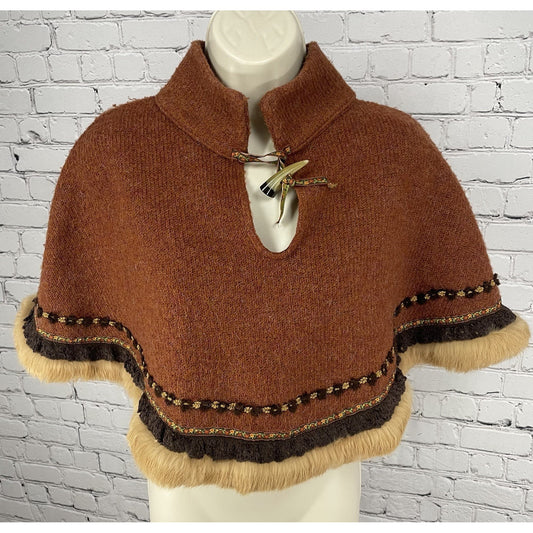 VTG F.L. Malik Brown Mohair Fur Horn Toggle Shawl Cape USA Made Size Small S