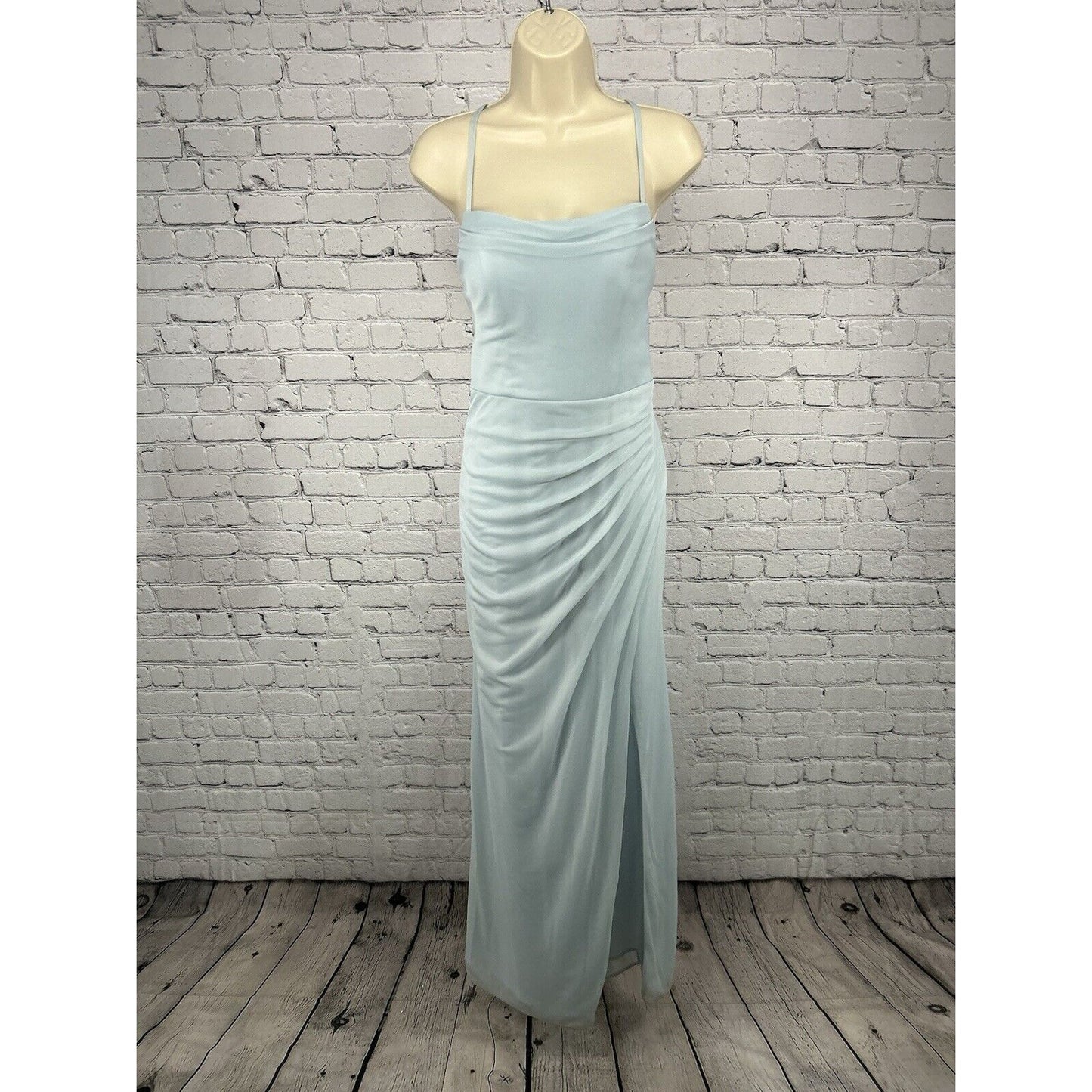 Azazie Sky Blue Racerback Front Slit Fitted Pleated Kalea Maxi Gown Dress XS