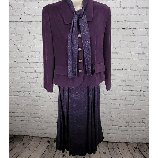 VTG Leslie Fay Purple Paisley 3 Piece Set Jacket Skirt Suit Scarf Outfit 10P
