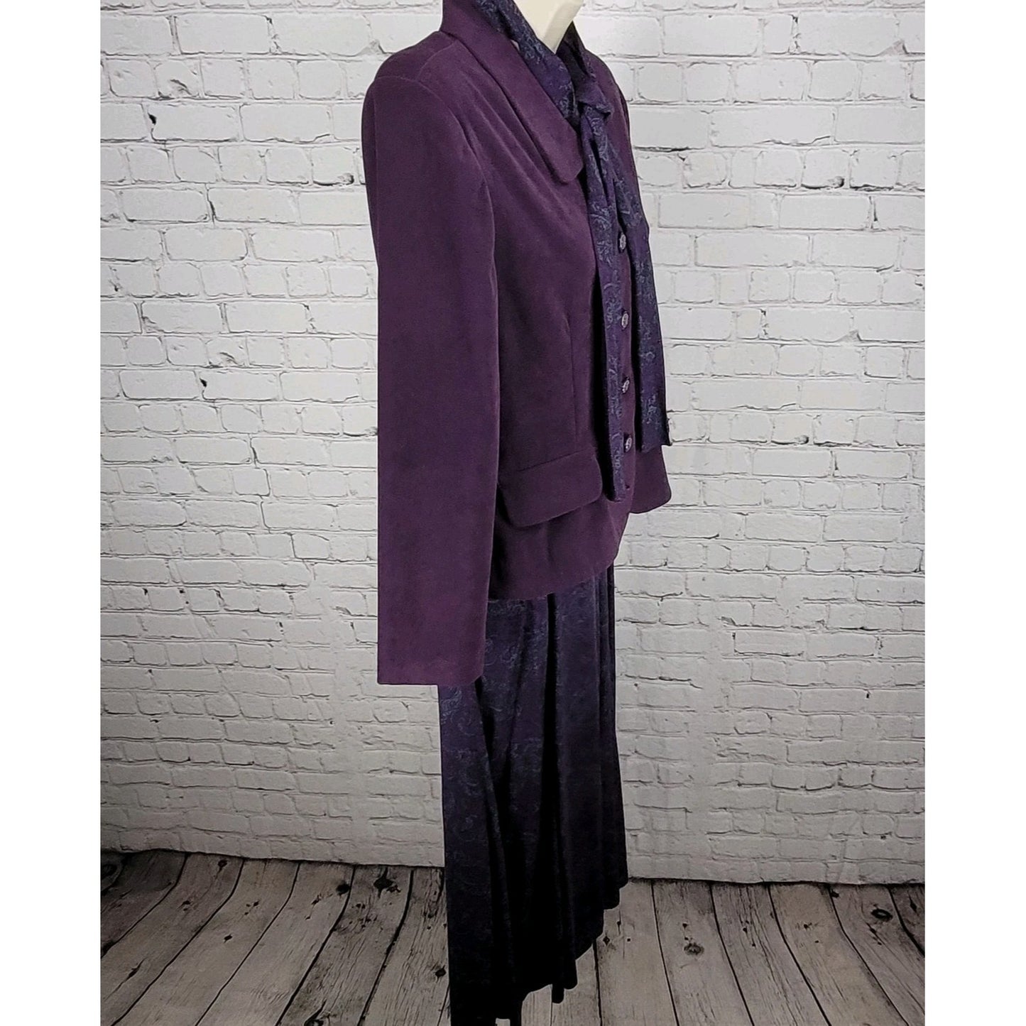 VTG Leslie Fay Purple Paisley 3 Piece Set Jacket Skirt Suit Scarf Outfit 10P