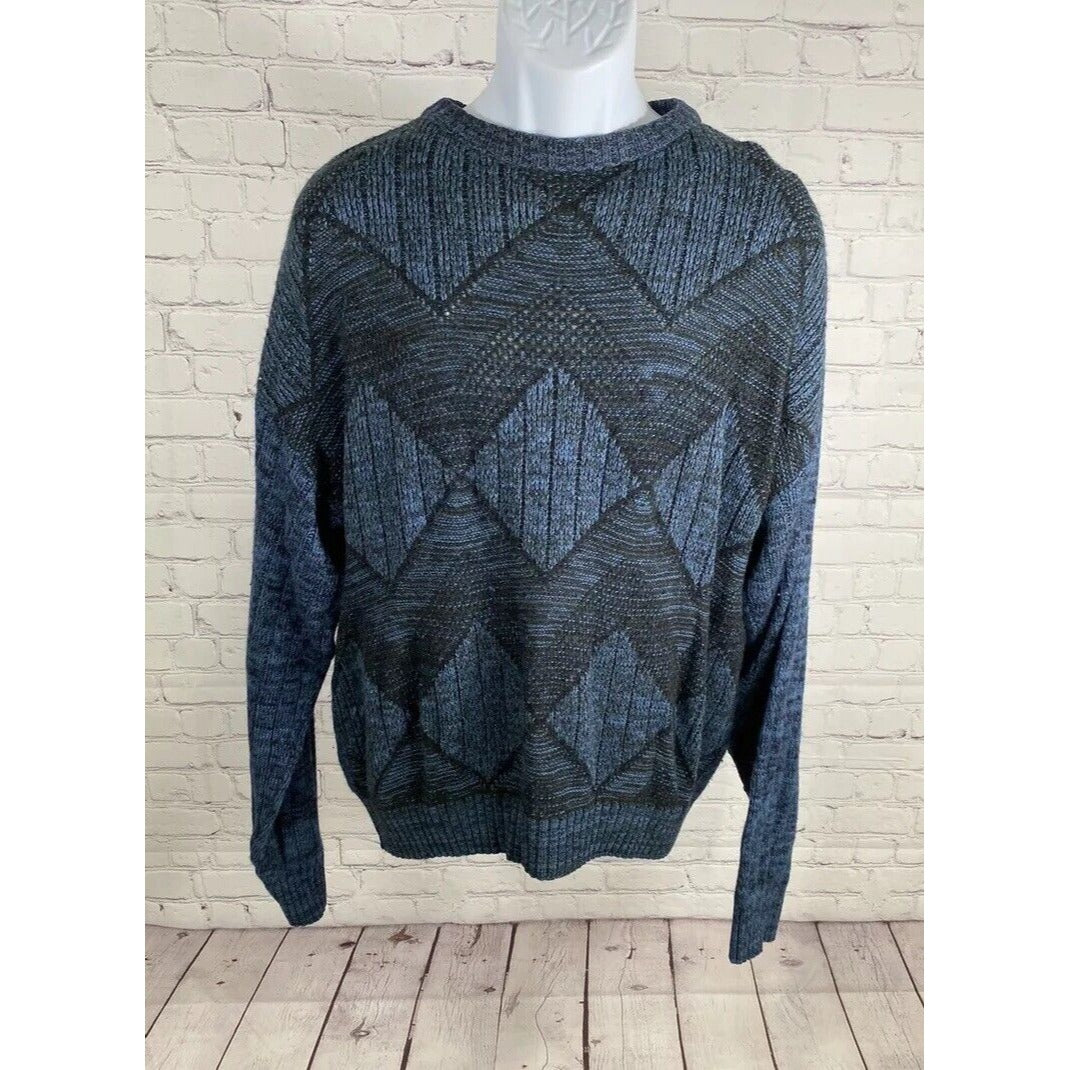 VTG EE Sport Blue Black Merino Wool Blend Diamond Print Cable Knit Sweater XL