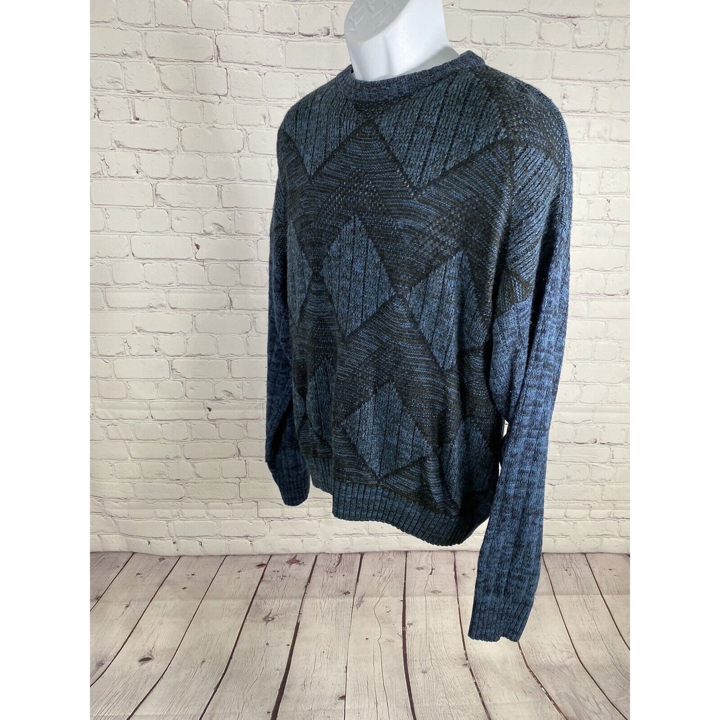 VTG EE Sport Blue Black Merino Wool Blend Diamond Print Cable Knit Sweater XL