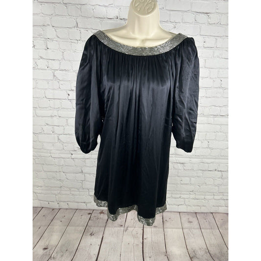 Bebe Black 100% Silk Beaded Neckline Hemline Deep V Back Women’s Tunic Dress XS