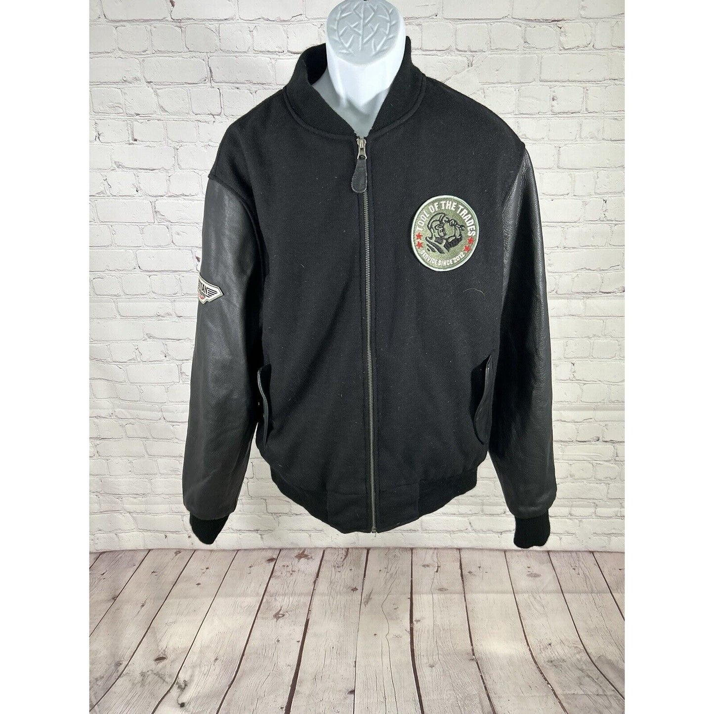 Titan Strong Black Wool Shell Leather Sleeves Inner Lined Men’s Bomber Jacket L