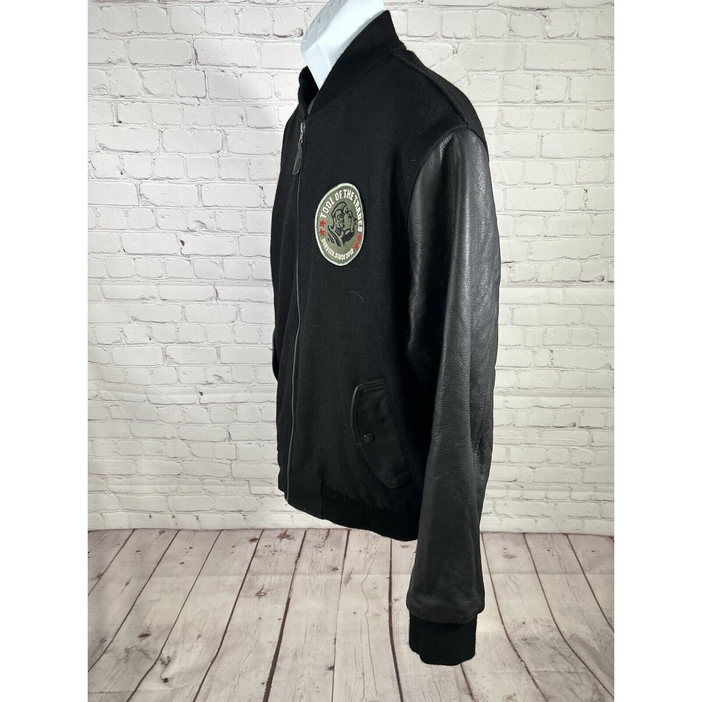 Titan Strong Black Wool Shell Leather Sleeves Inner Lined Men’s Bomber Jacket L