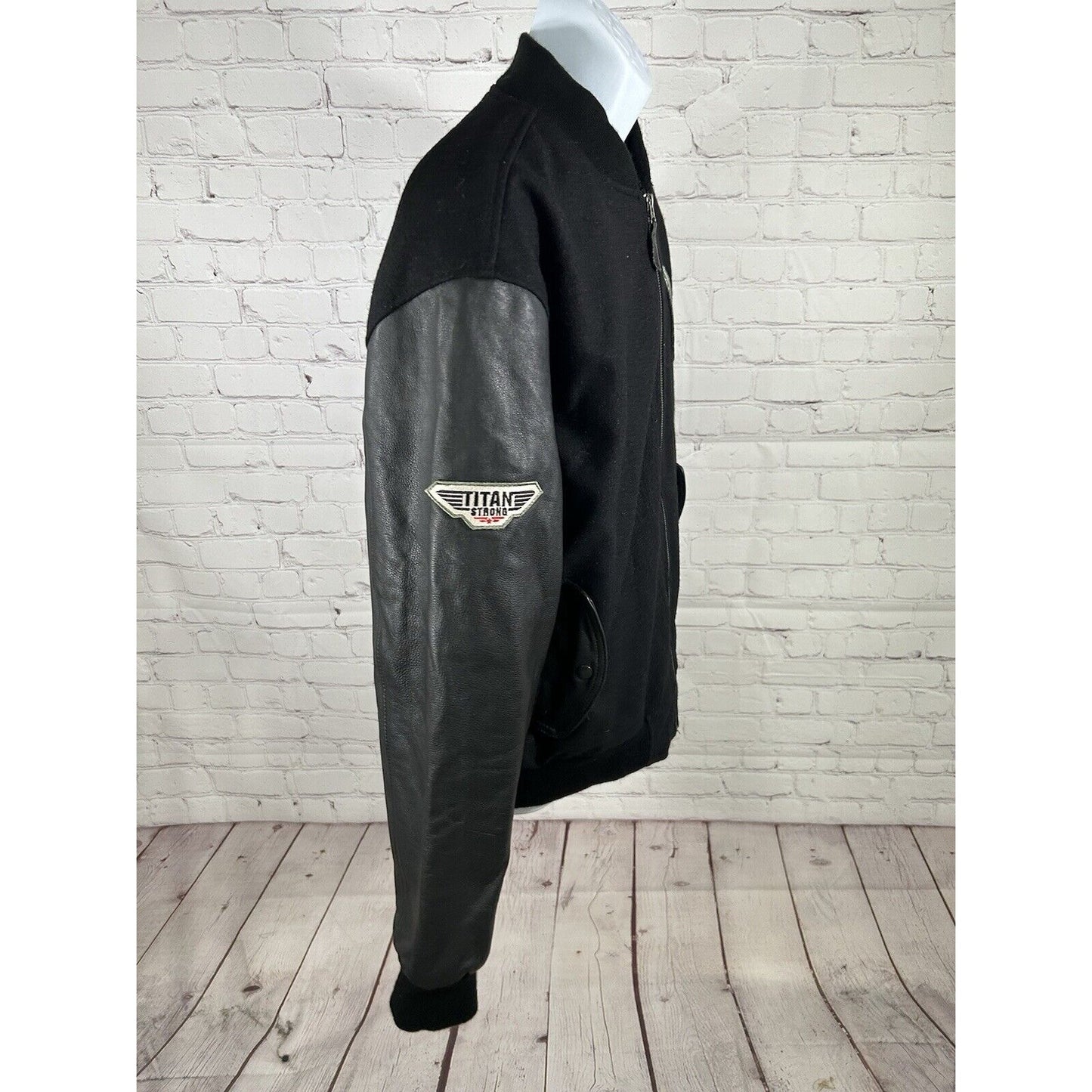 Titan Strong Black Wool Shell Leather Sleeves Inner Lined Men’s Bomber Jacket L