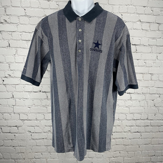 Antigua Blue Striped Cowboys Button Up Short Sleeve Polo Shirt USA Made Size XL