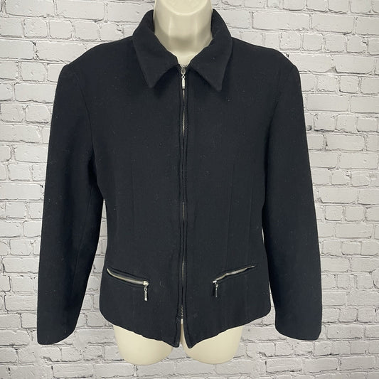 VTG Braebrook Black 100% Wool Zipped Collared Lined Jacket Pockets Size Medium M