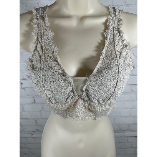 Aerie Gray Lace Lined Wireless Back Close Removable Pads Bralette Bra Women’s M