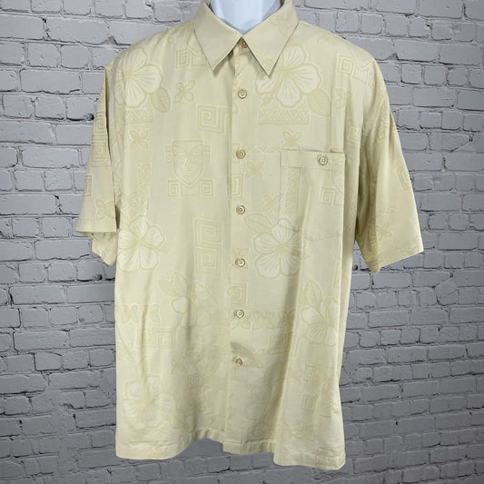 Kona Kai Yellow Silk Blend Hawaiian Floral Button Up Short Sleeve Shirt Size XL