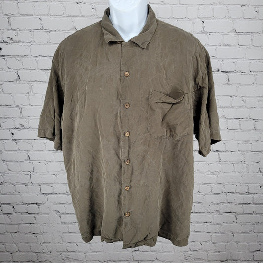 Tommy Bahama Brown 100% Silk Palm Tree Hawaiian Button Up Shirt Size Large L